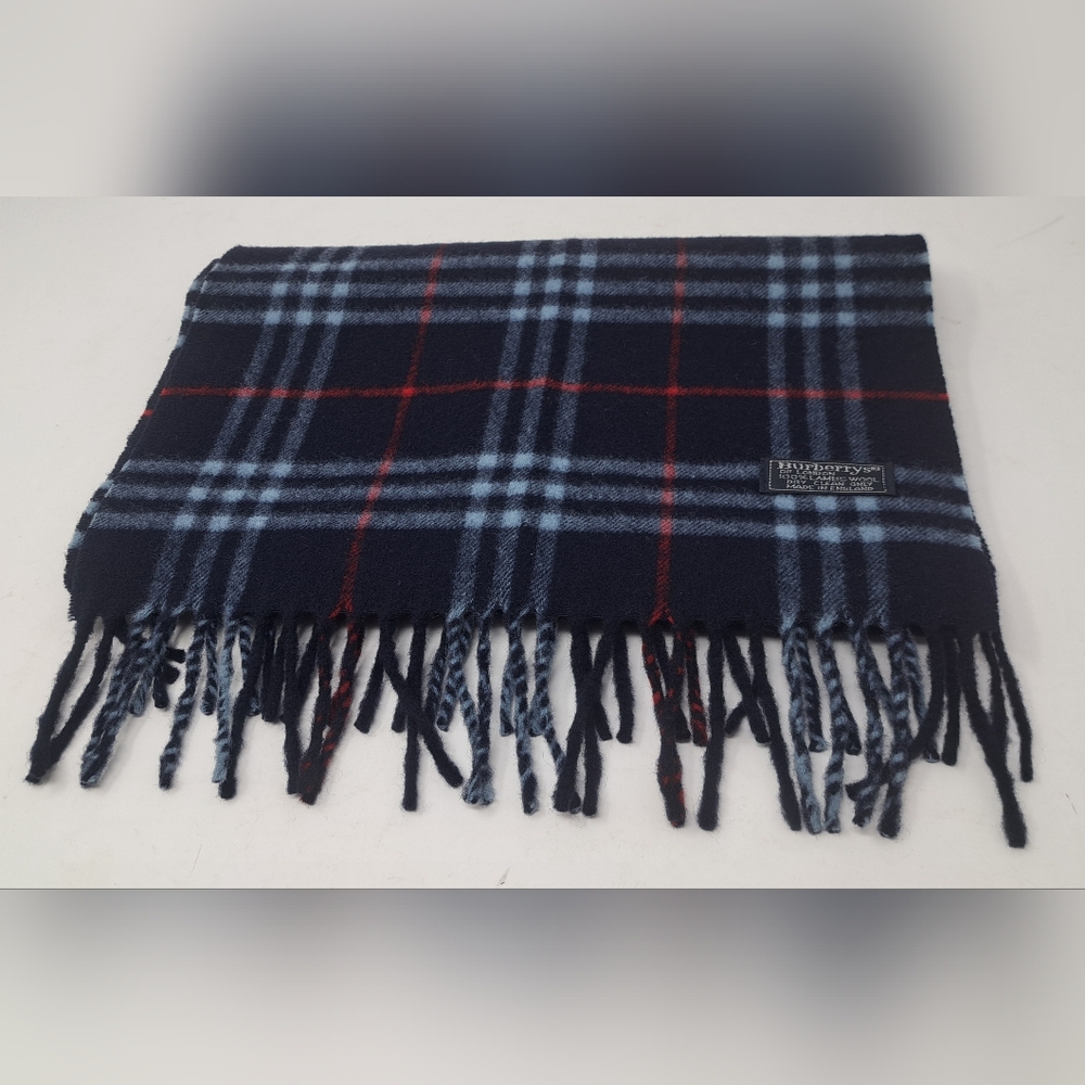 Burberry Men's Scarf Navy Nova Check Vintage Y2K 90s Lambswool England 13" x 66"